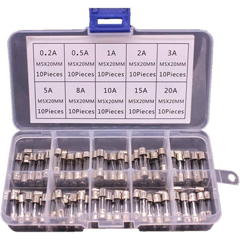 100 Pack Glass Fuse Assortment in Box, 5 x 20mm 0.2A to 20A - Image 1