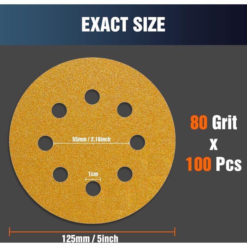 100 Pack Sanding Discs Grit 80 Sandpaper for Eccentric Sander, 125mm 5in - Image 4