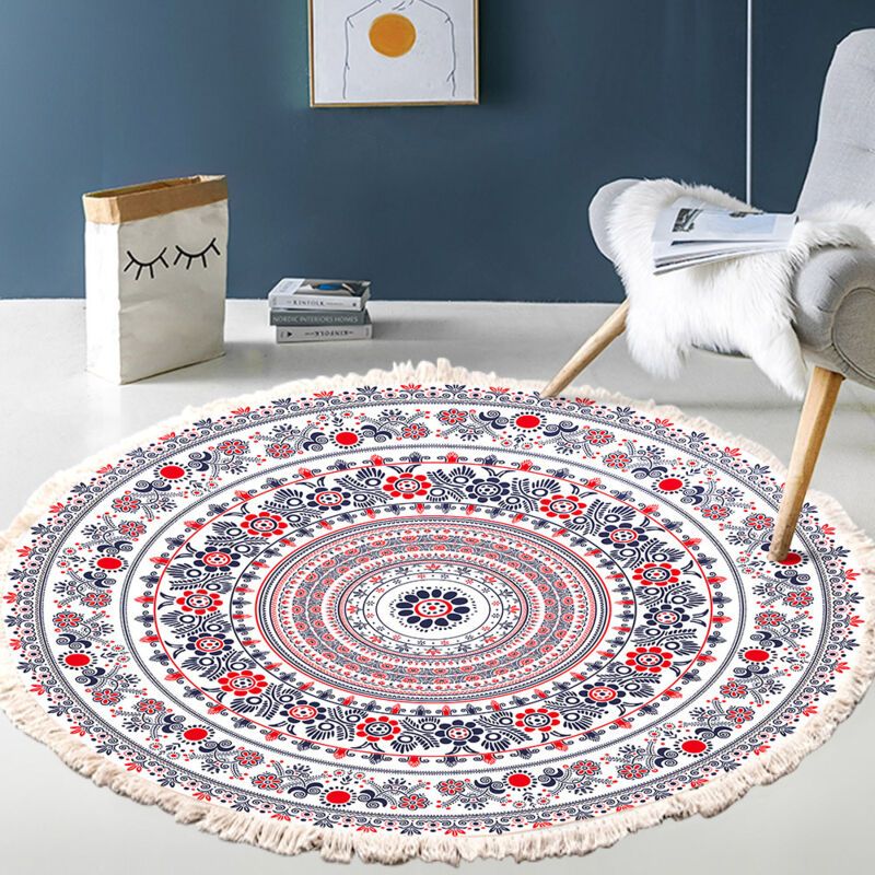 Rug Living Room Round Rug Cotton Hand Woven Mandala Pattern Bohemian Vintage Style Rug with Tassels Machine Washable Hallway Living Room Coffee - Image 1