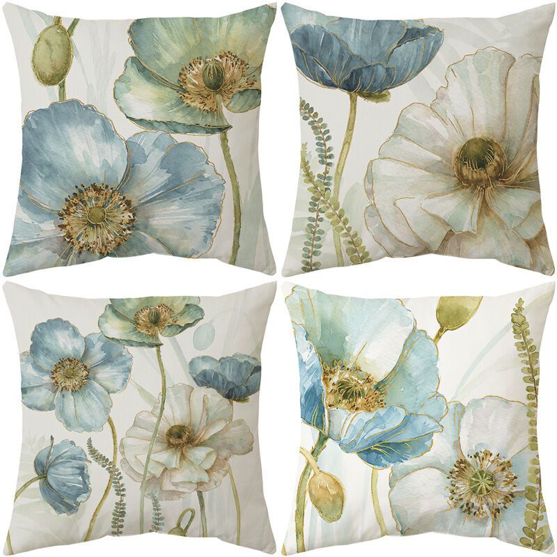 4 Pack Outdoor Cushion Cover, Waterproof Yellow and Blue Flowers Pattern Sofa Pillowcase for Patio Garden Living Room Bedroom Decoration, 45 x 45cm - Image 1