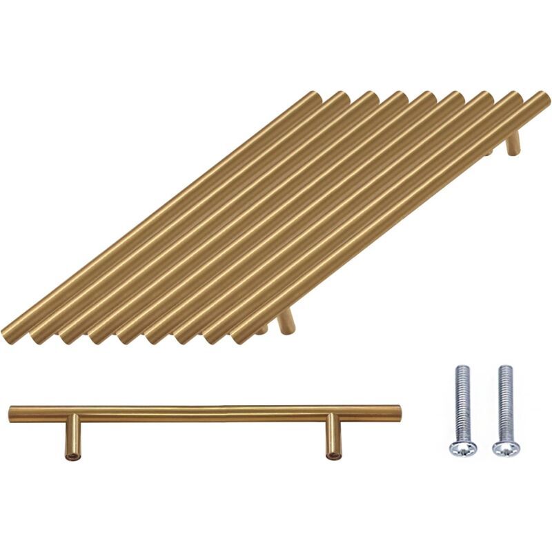 10 Pieces T Bar Handle, Pack Cabinet Door Brushed Stainless Steel Hardware for Kitchen Cabinets Pull Handle Hole Centers Gold, 96mm - Image 1
