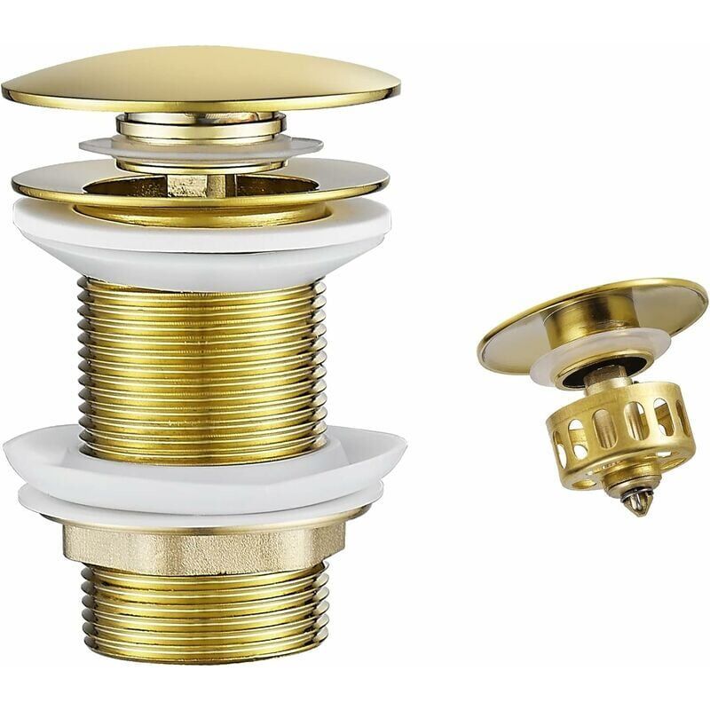 Gold Pop up Sink Drain Without Overflow, Drain Plug with Strainer Basket, Drain Waste for Bathroom Sink Brass - Image 1