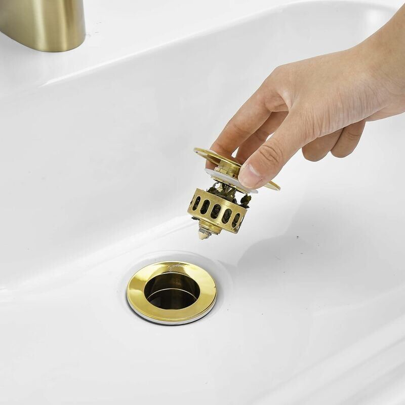 Gold Pop up Sink Drain Without Overflow, Drain Plug with Strainer Basket, Drain Waste for Bathroom Sink Brass - Image 3