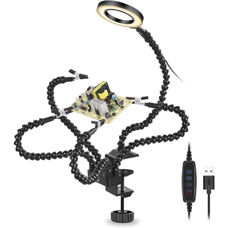 Helping Hands Soldering Third Hand PCB Holder with 5 Flexible Arms and 3 Adjustable Light Settings Magnifying Lamp - Image 1