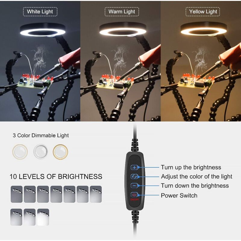 Helping Hands Soldering Third Hand PCB Holder with 5 Flexible Arms and 3 Adjustable Light Settings Magnifying Lamp - Image 4