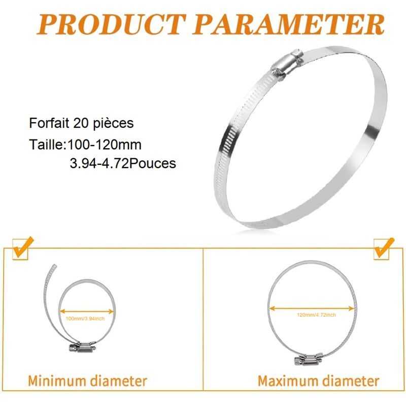 20 Pieces Pipe Clamp, Adjustable Pipe Clamp 100, 304 Stainless Steel Hose Clamp, Metal Hose Clamp, for Pipe, Home Gas, Family Water Pipe, Cable, 120mm - Image 2