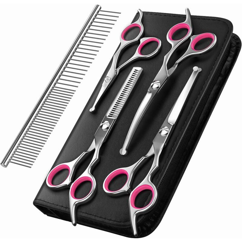 5 Pieces Dog Grooming Scissors, Titanium Coated Stainless Steel Pet Grooming Tool Set, Thinning Straight Curved Shear and Comb, Pink - Image 1