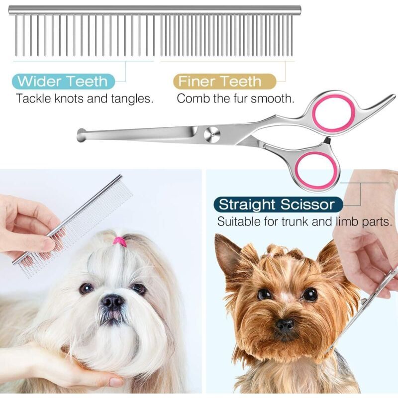 5 Pieces Dog Grooming Scissors, Titanium Coated Stainless Steel Pet Grooming Tool Set, Thinning Straight Curved Shear and Comb, Pink - Image 3
