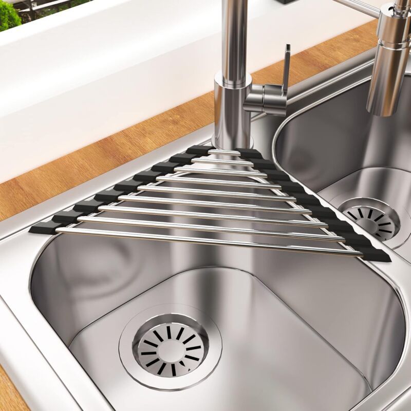 2 Pieces Sink Dish Drainer Black Foldable Removable Stainless Steel Sink Roller Drainer Triangular, 41CM, 15CM - Image 2