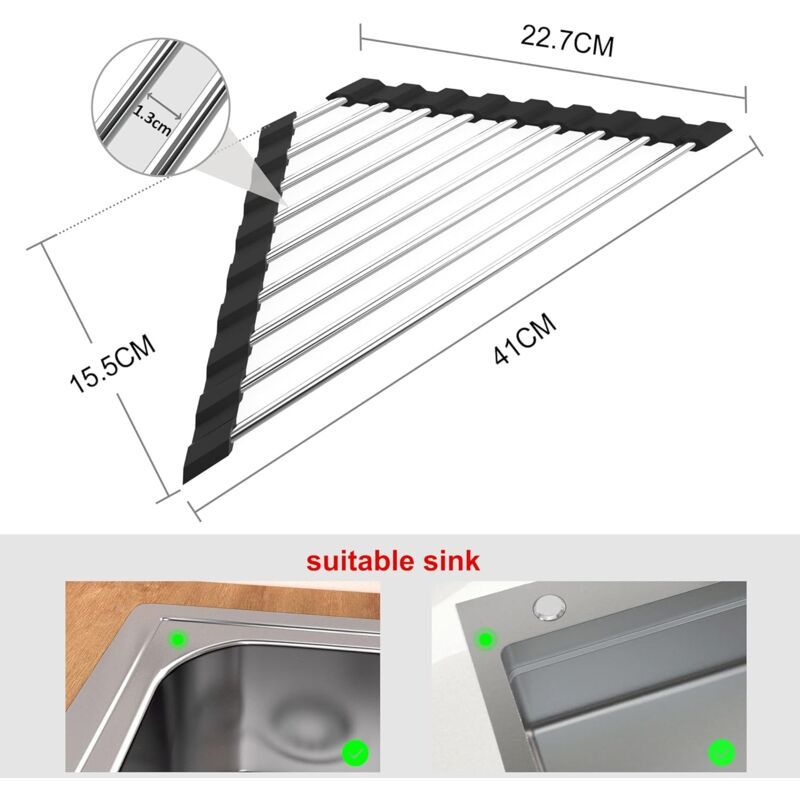 2 Pieces Sink Dish Drainer Black Foldable Removable Stainless Steel Sink Roller Drainer Triangular, 41CM, 15CM - Image 3