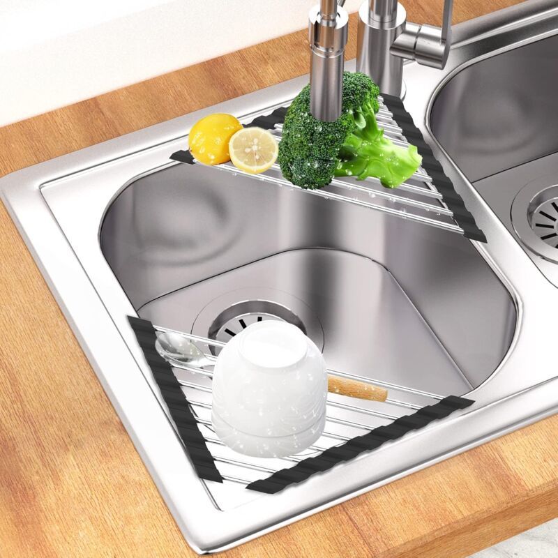 2 Pieces Sink Dish Drainer Black Foldable Removable Stainless Steel Sink Roller Drainer Triangular, 41CM, 15CM - Image 4