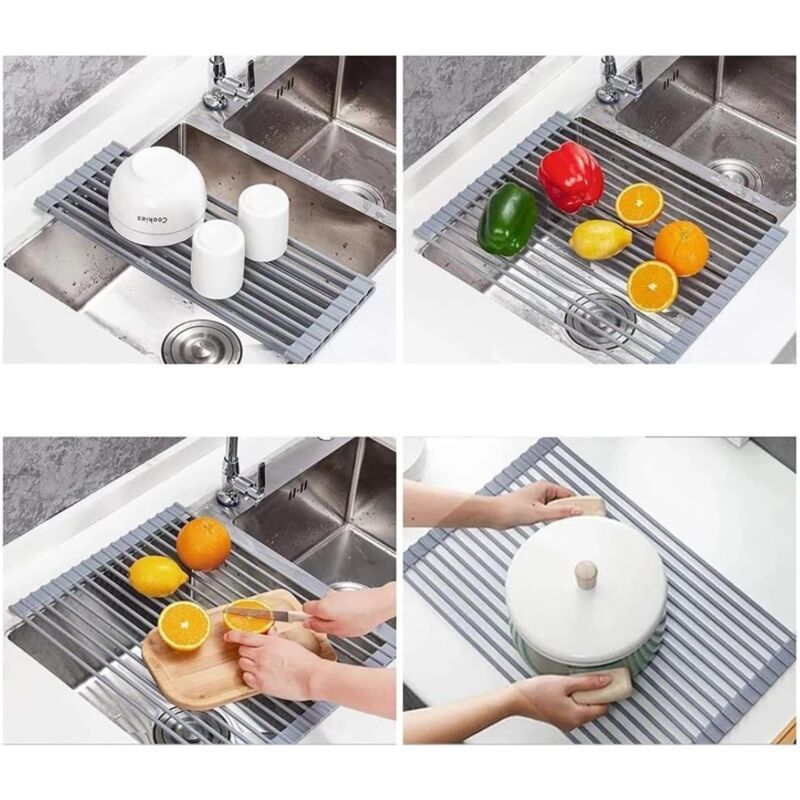 Sink Drainer Basket Roll Up Heat Resistant Dishwasher Shelf with 19 Tubes, Gray, 33 x 45 x 1cm - Image 2