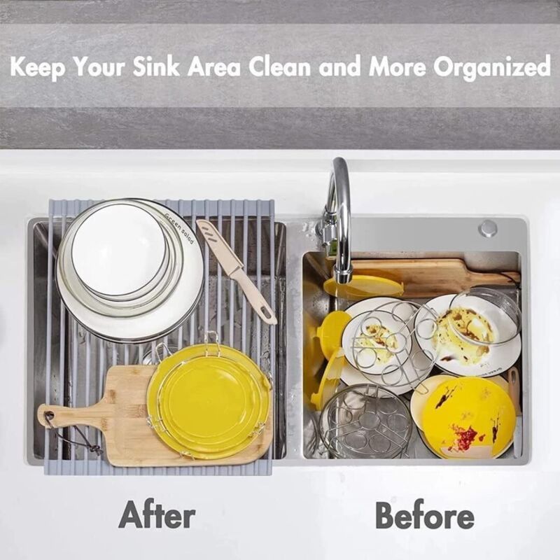 Sink Drainer Basket Roll Up Heat Resistant Dishwasher Shelf with 19 Tubes, Gray, 33 x 45 x 1cm - Image 4