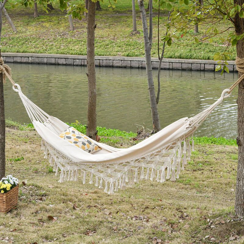 Portable Travel Hammock Bohemian Chic Style Hammock Canvas Total Dimensions 2.88L X 1.5l M Cotton Polyester Beige - Image 2