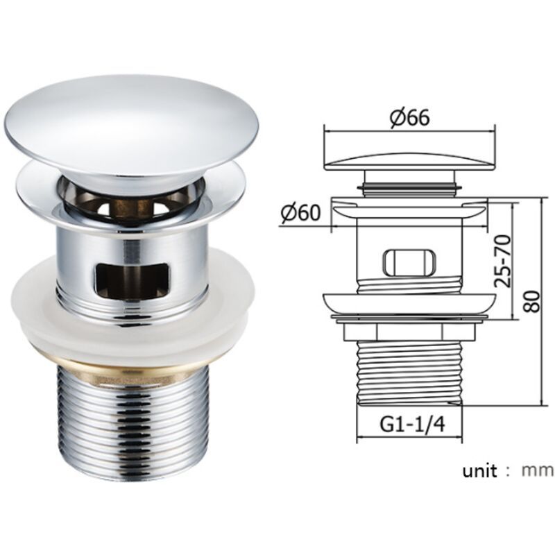 Basin Drain with Overflow Hole Stainless Steel Lid, Stainless Steel Body, Copper Nut, Copper Movement - Image 3