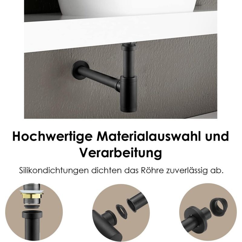 Brass Basin Drain, Keymark Universal Siphon with Extension Tube, 1 Adjustable Siphon Anti Odor Leak Proof, Matte Black, 0.25 x 32mm, 200mm - Image 2