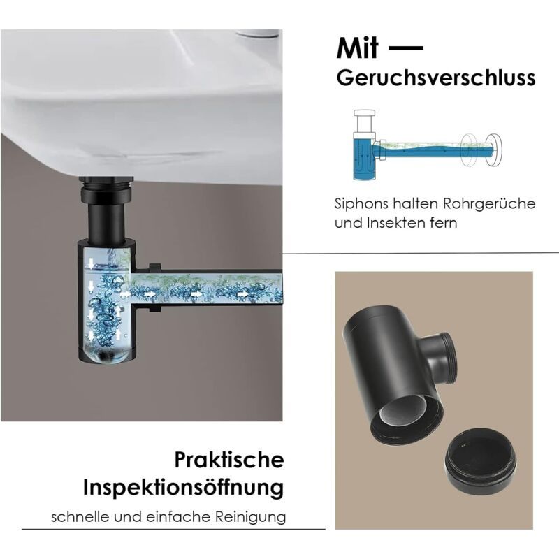 Brass Basin Drain, Keymark Universal Siphon with Extension Tube, 1 Adjustable Siphon Anti Odor Leak Proof, Matte Black, 0.25 x 32mm, 200mm - Image 4