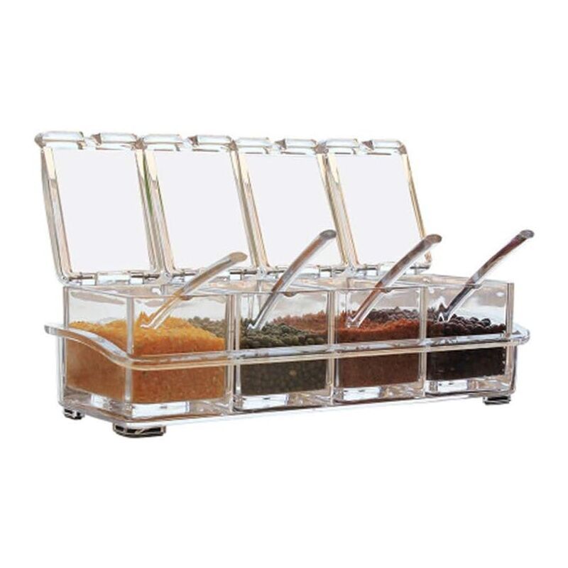 4 Pieces Kitchen Transparent Acrylic Condiment Box Four inch one Spice Jars with Spoons and Condiment Containers, Kitchen Utensils - Image 1