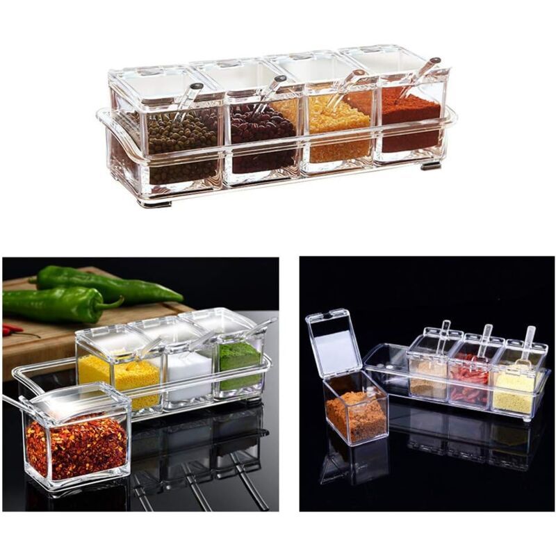 4 Pieces Kitchen Transparent Acrylic Condiment Box Four inch one Spice Jars with Spoons and Condiment Containers, Kitchen Utensils - Image 3