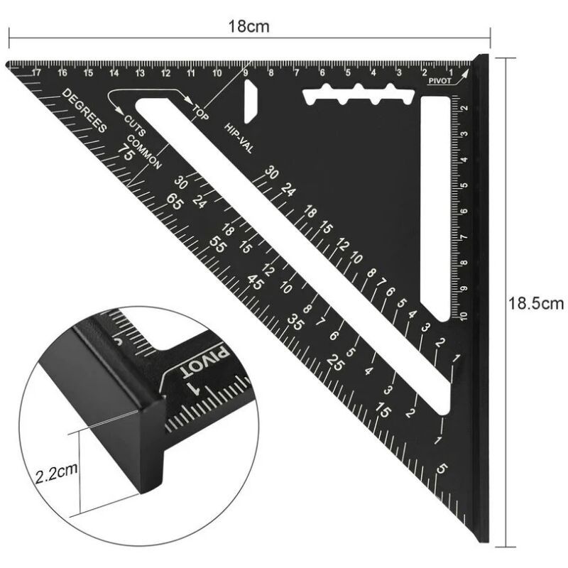 Metric System Metal Aluminum Ruler Square Ruler Guide Protractor Angle 45 90 Degrees Carpenter Tools Tracing Tool Wood Carpentry Guide, 180 mm - Image 3