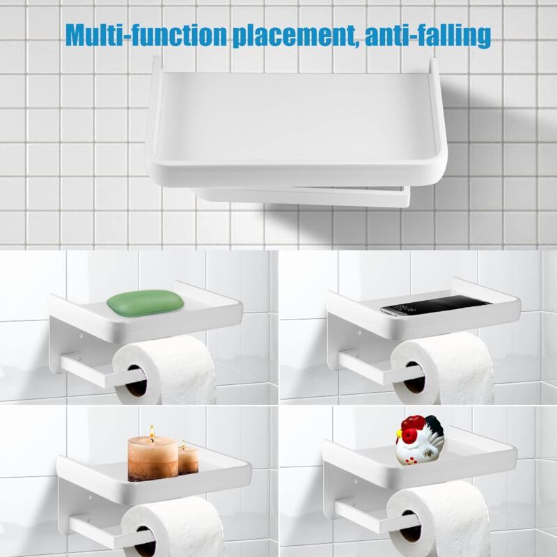 Wall Mounted Toilet Paper Holder with Aluminum Storage Shelf for Bathroom and Kitchen, White - Image 4