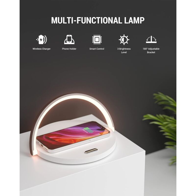 Wireless Charger Bedside Lamp LED Touch Night Light with QC3.0 10W Induction Charger, White - Image 4