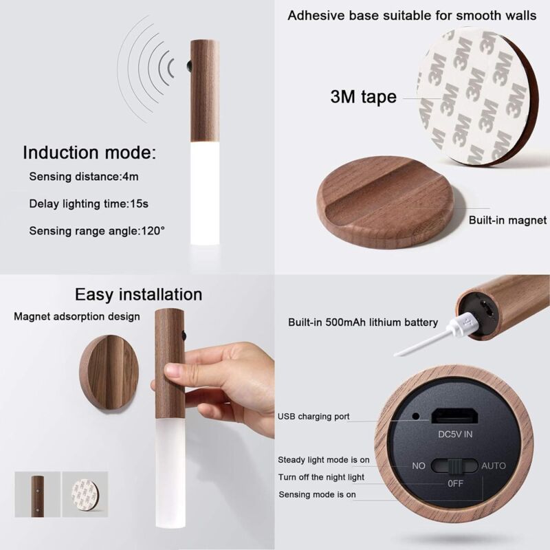Lighting Wood Wall Light Battery LED Children s Night Light Wireless Motion Sensor Portable Vintage Closet Lamp USB Rechargeable Magnetic Night Lamp - Image 3