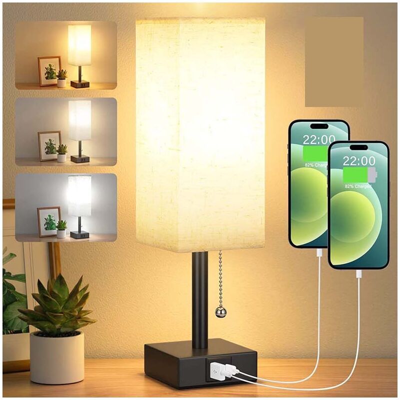 Dimmable Bedside Lamp with USB A and USB C Charging Ports LED Bulb Pull Chain Switch, 3000K 4000K 5000K - Image 1