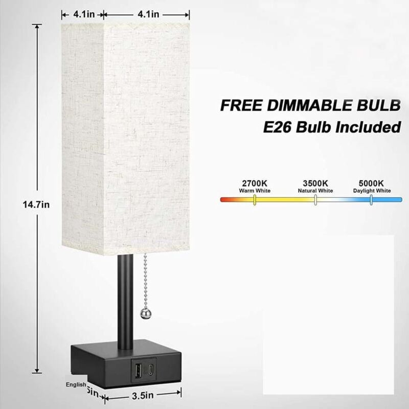 Dimmable Bedside Lamp with USB A and USB C Charging Ports LED Bulb Pull Chain Switch, 3000K 4000K 5000K - Image 2