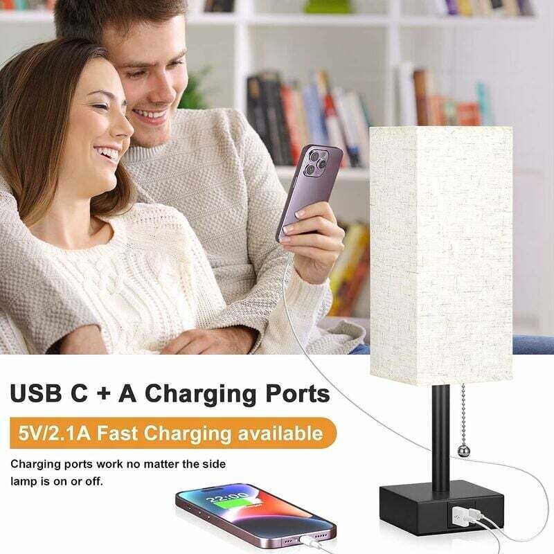 Dimmable Bedside Lamp with USB A and USB C Charging Ports LED Bulb Pull Chain Switch, 3000K 4000K 5000K - Image 3