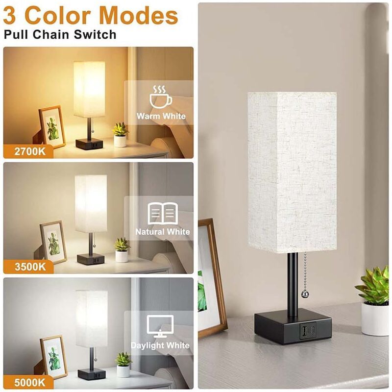 Dimmable Bedside Lamp with USB A and USB C Charging Ports LED Bulb Pull Chain Switch, 3000K 4000K 5000K - Image 4