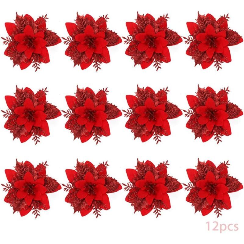 Christmas Flowers, 12 Glitter Christmas Flowers, Hollow Glitter Christmas Flower, Poinsettia Christmas Tree Artificial Flowers Ornament, Christmas - Image 1