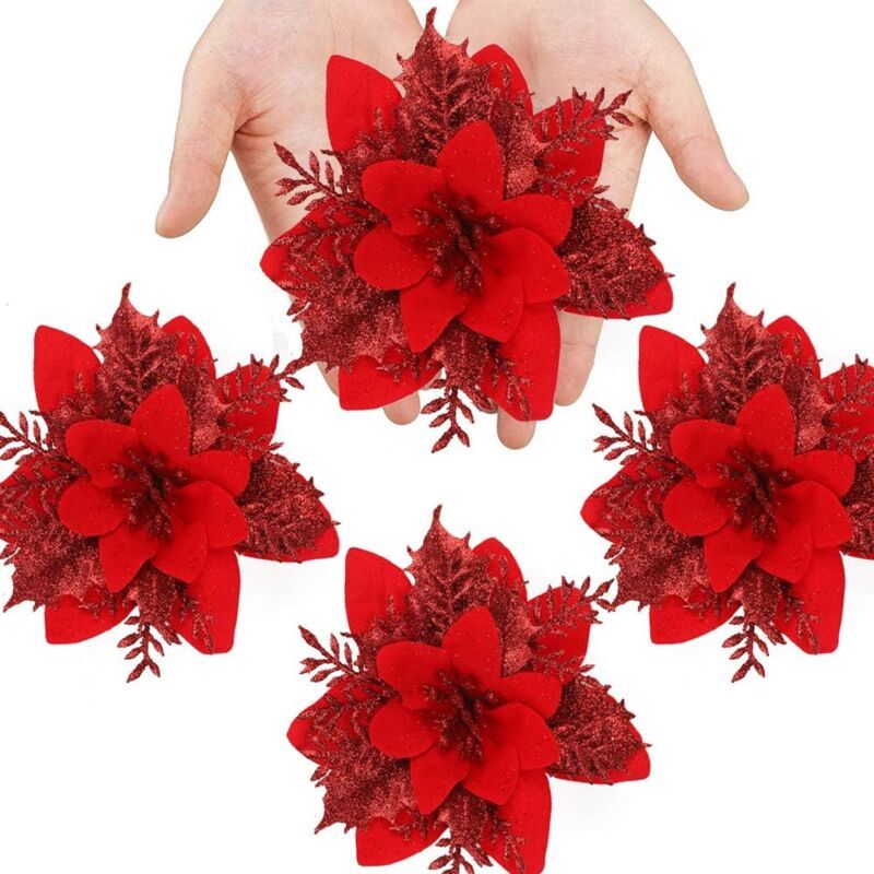 Christmas Flowers, 12 Glitter Christmas Flowers, Hollow Glitter Christmas Flower, Poinsettia Christmas Tree Artificial Flowers Ornament, Christmas - Image 3