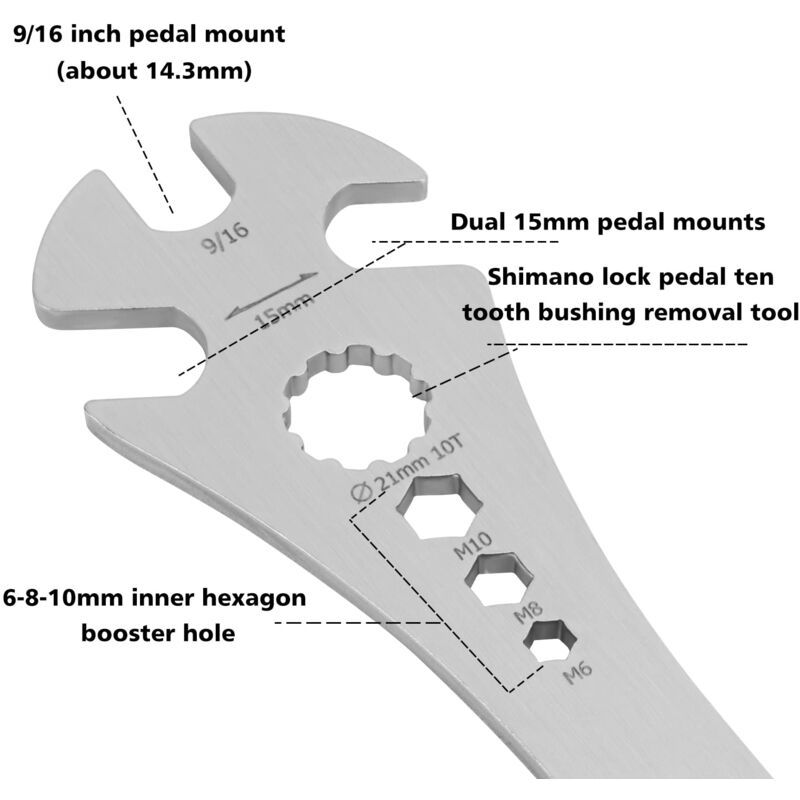 Bicycle Pedal Wrench, Bicycle Pedal Wrench with Extra Long Handle, Multi Purpose Pedal Removal Tool, 0.5625 and Hex Hole, 15mm, 10mm, 8mm, 6mm - Image 2
