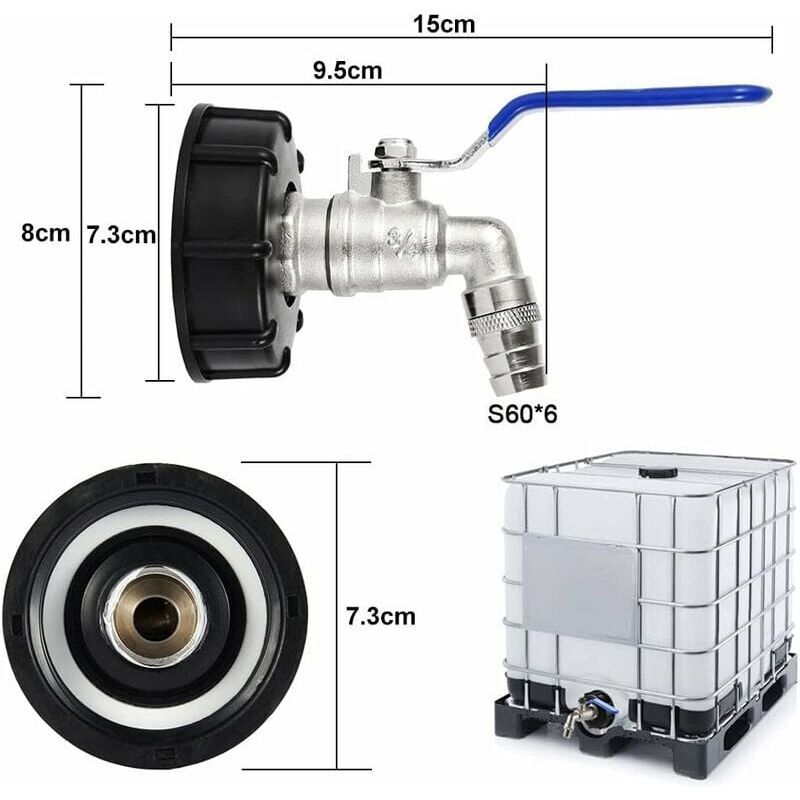 IBC Drain Tank Adapter S60x6 Tap Valve 0.75 Inch Ball Valve Water Tank Adapter - Image 3