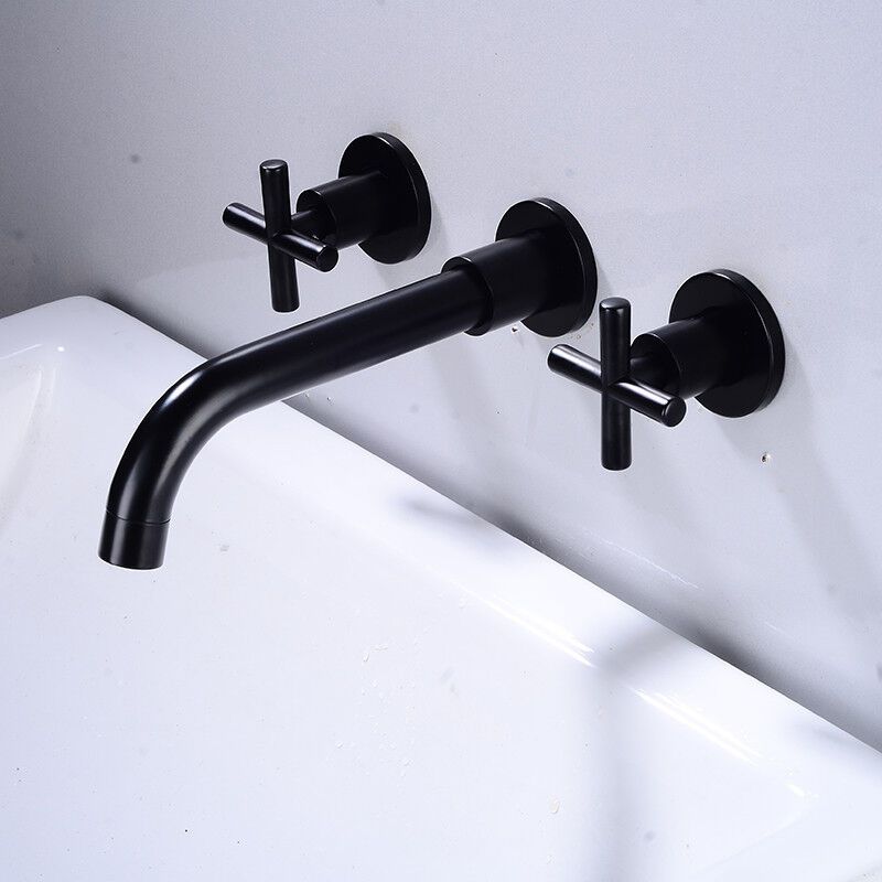 Basin Mixer Tap Matte Black Wall Mounted Bathroom Faucet Double Handle Brass Basin Mixer with Rough inch Valve Included - Image 1