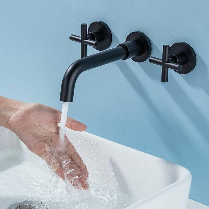 Basin Mixer Tap Matte Black Wall Mounted Bathroom Faucet Double Handle Brass Basin Mixer with Rough inch Valve Included - Image 2