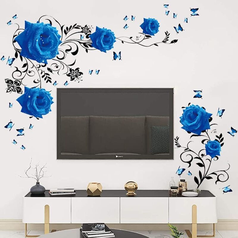 Wall Decal, Blue Rose Wall Stickers Blue Peony Floral Wall Decor Vinyl Wall Art for Bedroom TV Wall Decor - Image 1