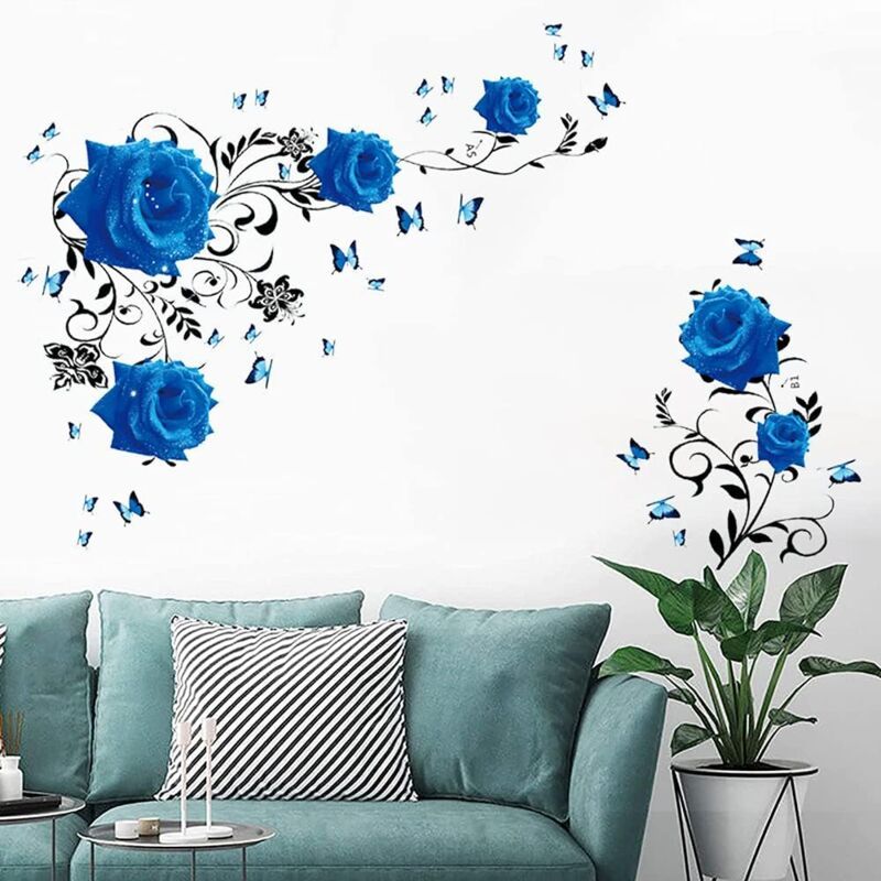 Wall Decal, Blue Rose Wall Stickers Blue Peony Floral Wall Decor Vinyl Wall Art for Bedroom TV Wall Decor - Image 2