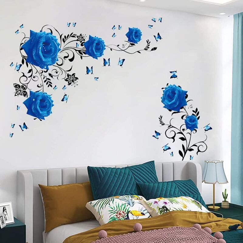 Wall Decal, Blue Rose Wall Stickers Blue Peony Floral Wall Decor Vinyl Wall Art for Bedroom TV Wall Decor - Image 3