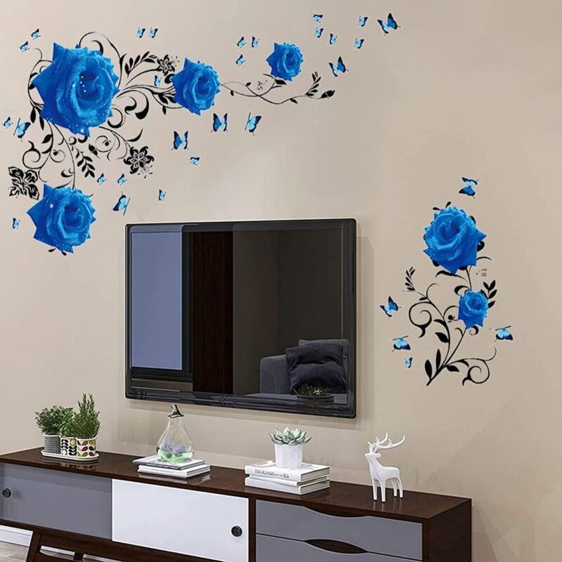 Wall Decal, Blue Rose Wall Stickers Blue Peony Floral Wall Decor Vinyl Wall Art for Bedroom TV Wall Decor - Image 4