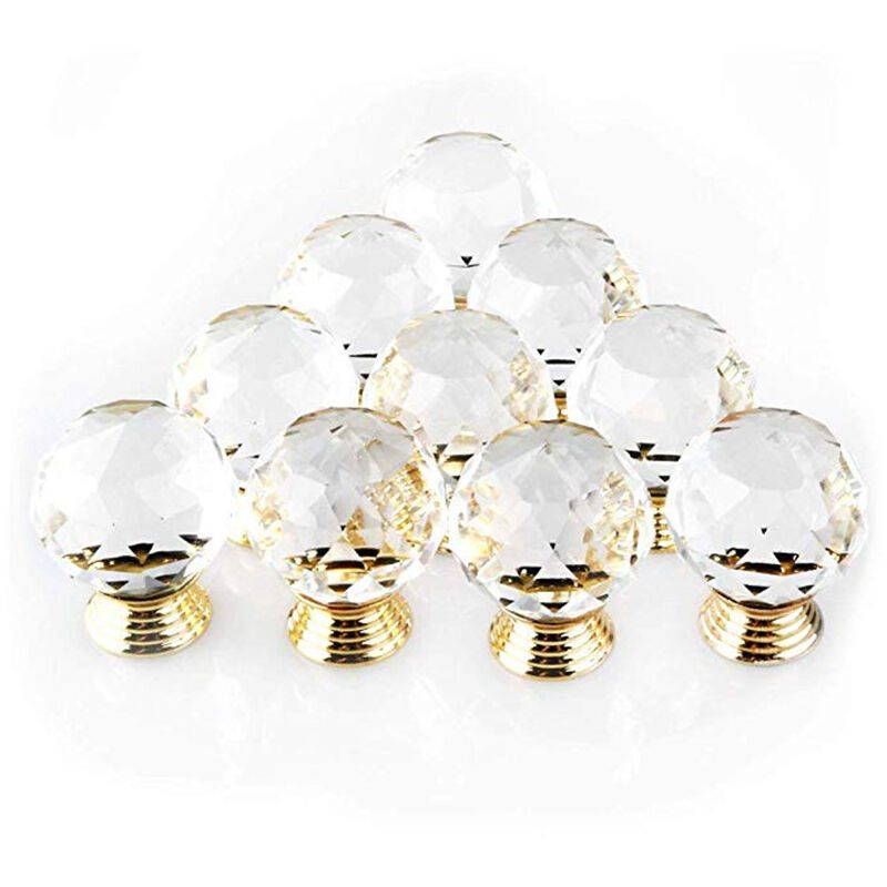 10 Pack Handle Door Knob Diameter Crystal Gold, Cabinet Knobs Mant Round Glass Knobs Decoration for Furniture Drawer, 30mm - Image 1