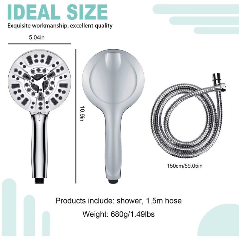 High Pressure Handheld Shower Head with 8 Spray Settings and 2 Spray Modes with Stainless Steel Hose, 1.5m - Image 2