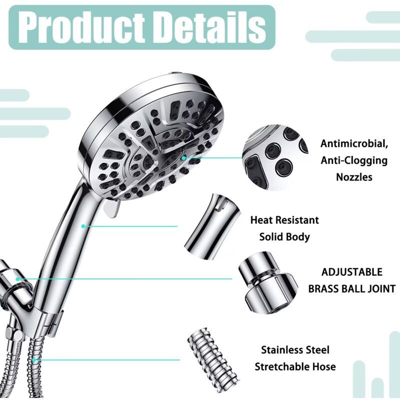High Pressure Handheld Shower Head with 8 Spray Settings and 2 Spray Modes with Stainless Steel Hose, 1.5m - Image 3