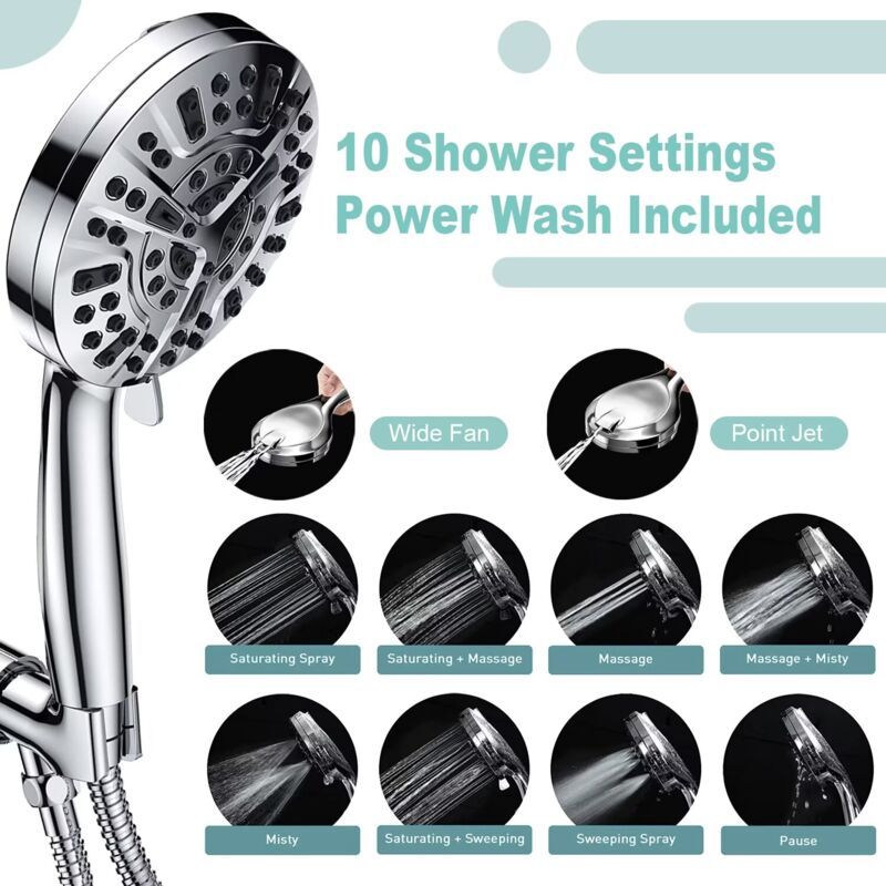High Pressure Handheld Shower Head with 8 Spray Settings and 2 Spray Modes with Stainless Steel Hose, 1.5m - Image 4