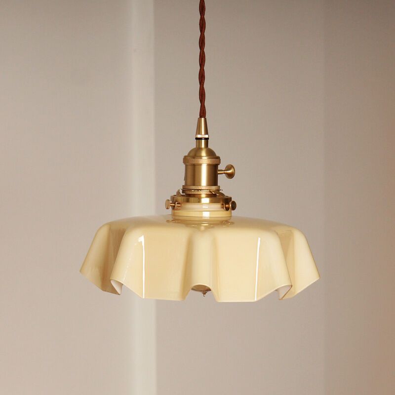 Retro French Cream Glass Ceiling Light Cream Yellow, E27 6W, Diameter, 220mm - Image 1