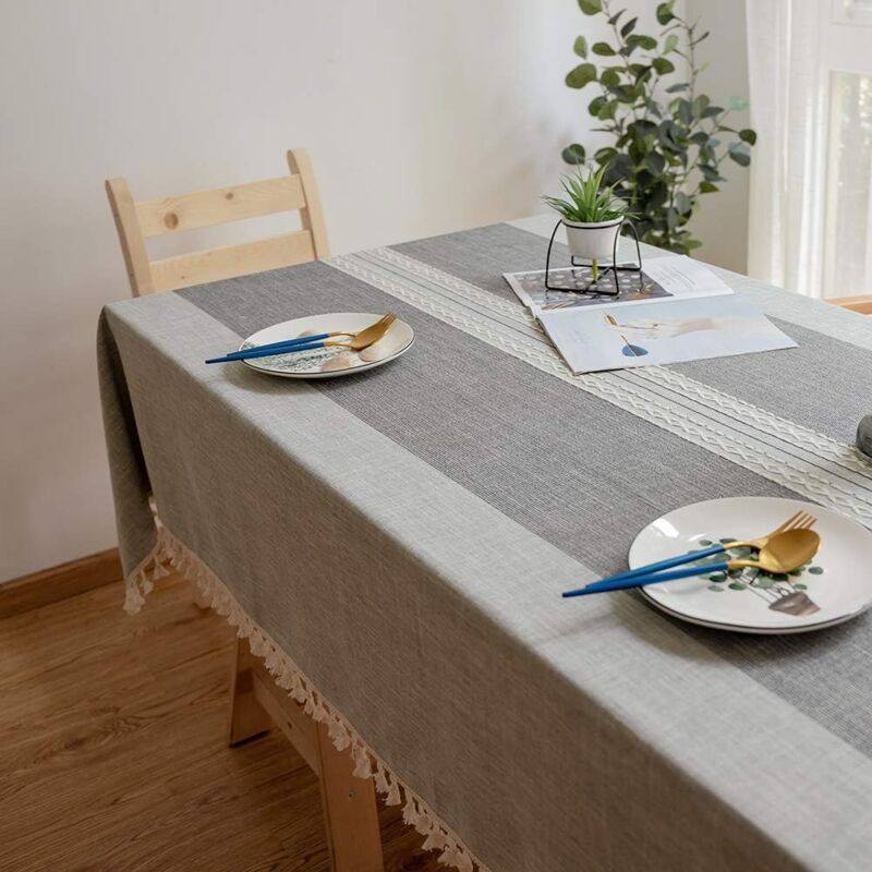 Tablecloths, Embroidery Table Cloth Washable Cotton Linen Tassel Tablecloth, Anti Fade Wrinkle Free Table Cover, Grey, 100 x 160cm - Image 3