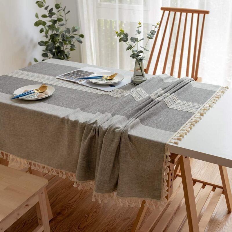 Tablecloths, Embroidery Table Cloth Washable Cotton Linen Tassel Tablecloth, Anti Fade Wrinkle Free Table Cover, Grey, 100 x 160cm - Image 4