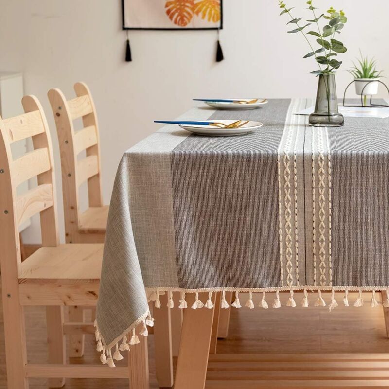 Tablecloths, Embroidery Table Cloth Washable Cotton Linen Tassel Tablecloth, Anti Fade Wrinkle Free Table Cover, Grey, 110 x 170cm - Image 1