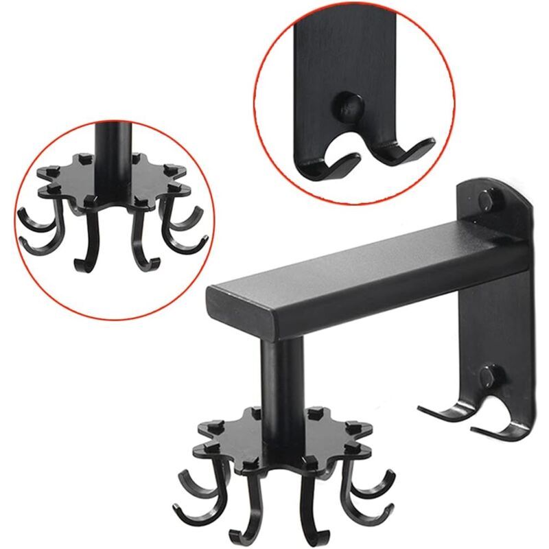 Rotating Wall Hook for Kitchen, 360 Rotatable Kitchen Utensil Holder, Wall Mounted Kitchen Utensil Holder with 8 Hooks for Bathroom and Kitchen, Black - Image 2